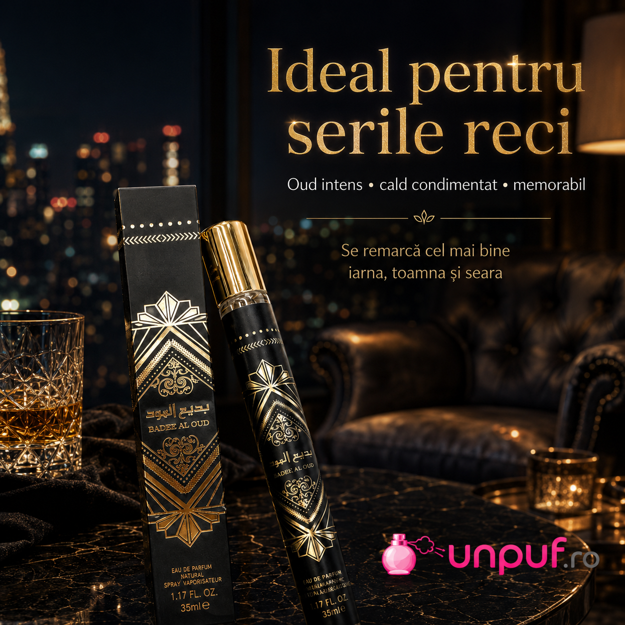 Mostră fiolă Badee Al Oud Oud For Glory Lattafa ideală pentru seri reci, toamnă, iarnă și parfum oriental cu oud intens